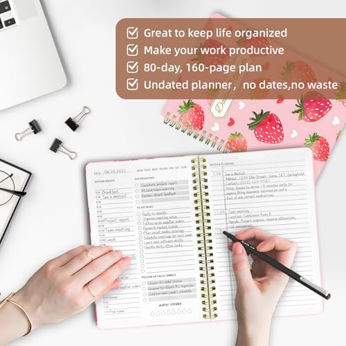 Undated Daily Planner - Spiral Notebook 80 Days One Day Per Page, Hourly Schedule, To-Do List, Notes, Everyday Planning Task, A5 Hardcover Journal Organizer Book Women Cute, Strawberry - color: Strawberry