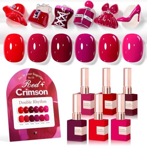 Double Rhythm 6 Pcs 15 ML Gel Polish Set Same Color Same Bottle Soak Off Gel Polish Kit Nail Art Manicure Salon DIY at Home for Women (Burgundy Cherry Rose Purple -T6-73) - color: Crimson Red