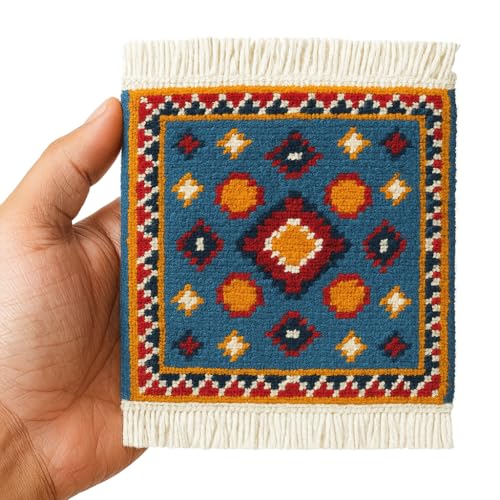 2 Pcs Rug Coasters for Drinks, Handmade Natural Vegetable Dyed Wool, Woven by Local Artisans – Oriental 5.5 inches Rug Style Tea and Coffee Cup Mats, Home Decor