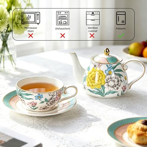 KAMMAK Tea for One Set, Ceramic Teapot, Bone China Tea Set, Cup and Saucer - color: Green-GH6