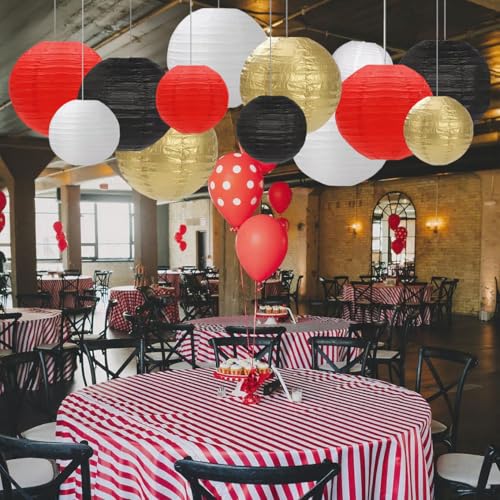 Black Red White Paper Lanterns Decorative 12pcs Party Hanging Decorations for Party Bridal Shower Wedding Baby Shower Graduation Anniversary Room Decor - color: black,red,white,gold