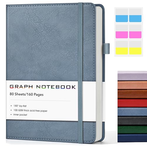 A5 Leather Hardcover Graph Paper Notebook, 160 Pages (5 Squares/Inch), 180° Lay-Flat Binding, 100 GSM Thick Paper, for Math, Engineering, Students & Technical Work (Dusty Blue) - color: Dusty Blue, size: Grid