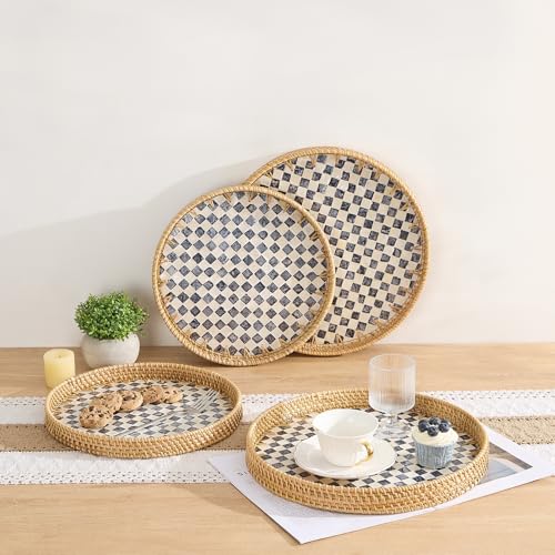 Round Rattan Tray with Mother of Pearl Inlay, Rattan Serving Tray with Wooden Base, Decorative Wicker Basket for Table Decor, Storage and Display of Coffee Bread Food Fruit (Checkerboard 13.5") - color: Checkerboard, size: 13.5"