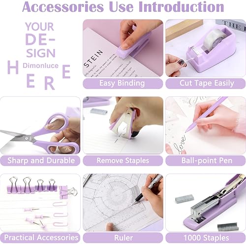 Dimonluce Purple Desk Accessories, Purple Office Supplies Accessories with Tape Dispenser, Stapler, Staple Remover, 1000 Staples, Tape, Clips Set, Ruler, Scissor, Pen - color: Purple