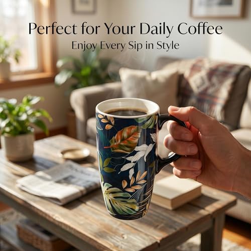 Topadorn 17oz Ceramic Travel Mug with Lid and Handle, Botanical Leaf Coffee Mug, Spill-Resistant, Microwave & Dishwasher Safe, Gift Box Included - color: Leaf