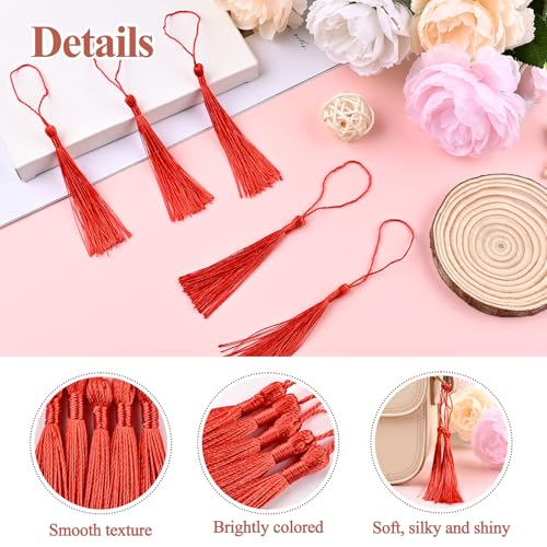 NACHLYNN 120 Pcs Bookmark Tassels Bulk 13cm/5 Inch Silky Handmade Soft Craft Mini Tassels for Jewelry Keychain Making with Loops for Dress Decoration DIY Craft Accessory (Red) - color: Red