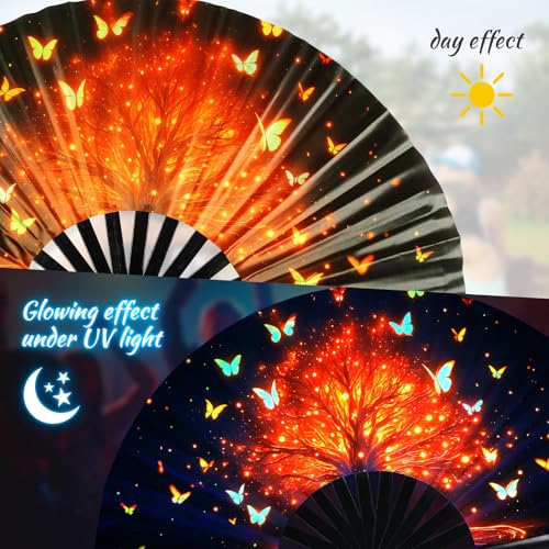 SYNTECSO Folding Hand Fan for Rave, UV Glow Clack Fan - color: Trees of Fire