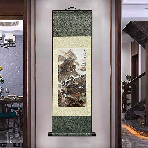 AtfArt Silk Scroll Painting, Asian Wall Art, Landscape, 36.2x12in - color: A4