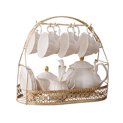 fanquare 15 Pieces Simple White English Ceramic Tea Sets,Tea Pot,Bone China Cups Without Metal Holder,Matching Spoons,Afternoon Tea Set Service Coffee Set - color: White
