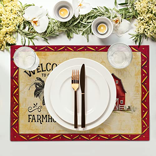 Giwawa Rooster Chicken Placemats, Welcome to Our Farmhouse Linen Place Mat, Vintage Animal Farm Decorative Washable Non Slip Table Mats for Dining Kitchen Party, Set of 4, 12"x18" - color: Chicken
