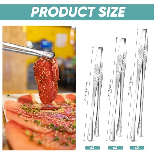 meekoo 6 Pcs Stainless Steel Korean BBQ Grill Tongs - size: 9.5+7.8+3.2 Inches