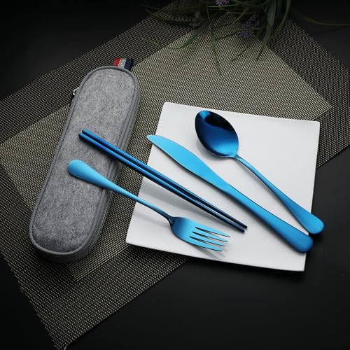 DEVICO Travel Utensils with Case, 5 Piece Portable Silverware Set for Work - color: Blue