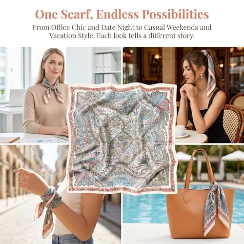 100% Mulberry Silk Scarf for Women Lightweight 21" Small Square Neck Scarf Headscarf Neckerchief Gift Packed - color: Grey Blue Pink Paisley