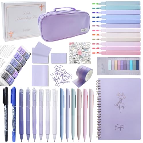 J6&H6 170Pcs Complete Bible Study Supplies Journaling Kit with Tabs, Highlighters and Color Pens, Notebook,Stickers & More Bible Accessories Set for Women, Beginner Christian Gifts(Purple) - color: Purple