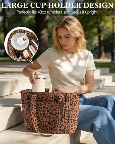 Bagstellar Quilted Tote Bag for Women Teacher Nurse Cotton Laptop Work Tote - color: Leopard