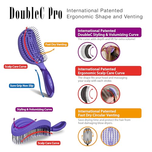 NuWay® DoubleC PRO® Patented Scalp Care Hair Brush – Double Curve Design for Scalp Massage, Professional Blow-Dry Styling, Wet & Dry Hair, All Hair Types (Hyacinth) - color: Hyacinth
