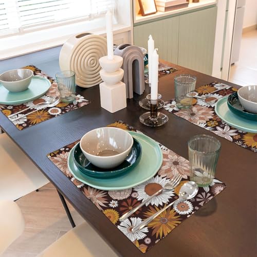Retro Groovy Flower Power Placemats Set of 4 12x18 Inch - color: Dark Chocolate Brown, size: Set of 4