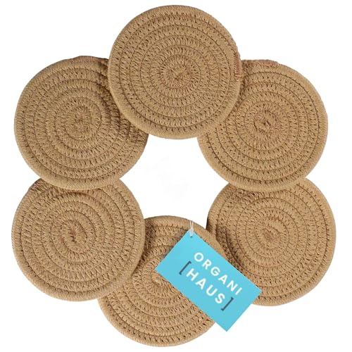 OrganiHaus Drink Coasters Set of 6, Absorbent Cotton Woven Cup Coasters, Rustic Farmhouse Boho Decor for Coffee Table and Drinks Protection, Cute Coaster for Drinks, Coaster for Office Desk - Honey - color: Honey