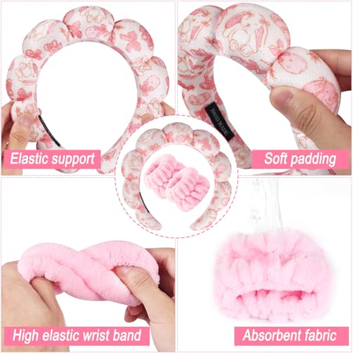 Zkptops Spa Headband for Washing Face Wristband Set Sponge Makeup Skincare Velvet Fabric Bubble Soft Get Ready Hairbands for Women Puffy Headwear Non Slip Thick Thin Hair Accessory(Pink Bow) - color: ZYE Pink Bow