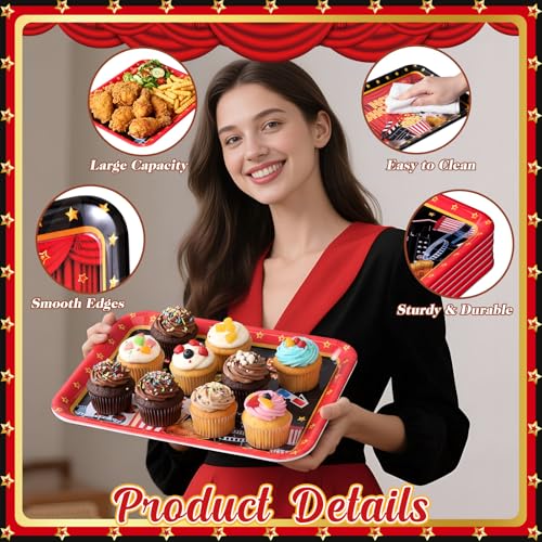 Vesici 4 Pack Movie Night Melamine Serving Trays, 13 x 10 Inch Rectangular Cinema Snack Platters with Popcorn & Film Designs, Durable Serving Plates for Home Theater, Parties & Appetizers - style: Movie Night