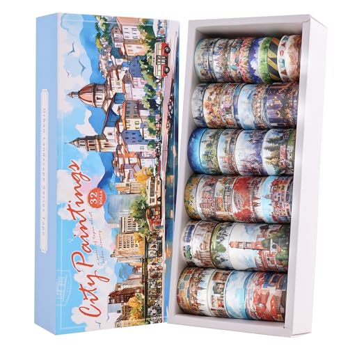 32 Rolls Vintage Washi Tape Set, European Cityscapes with Architectures & Scenery, Writable Decorative Tapes for Scrapbooking, Junk Journal Bullet Journal Supplies 8-50mm Wide, Artistic Adhesive Tape - style: Urban landscape