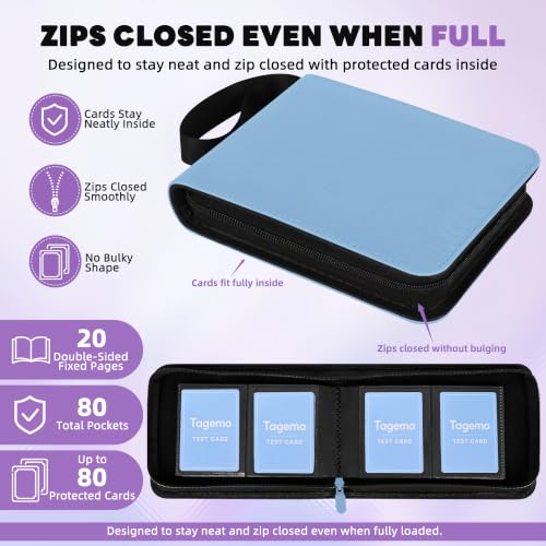 2 Pocket Mini Card Binder - Small Trading Card Album with Zipper,80 Pockets PU Leather Holder, Side-Loading Small TCG Binder for Standard Anime & Sports Cards - color: Light Blue, size: 2-Pocket