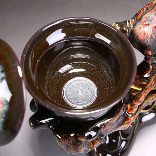 Chinese Gongfu Tea Set - Ceramic Teapot with Infuser, 8 Cups, Semi Automatic Horse Design for Loose Leaf Tea - color: Kiln Russet Brown