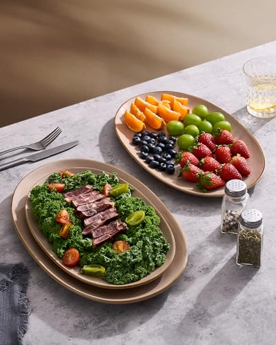 famiware Serving Platter, Oval 15.59/14.3/12.9 inch Serving Dishes for Entertaining, Serving Bowls, Microwave Safe, Stonware Serving Trays for Party, Turkey, Cheese, Ocean Series, Cinnamon Brown - color: Cinnamon Brown