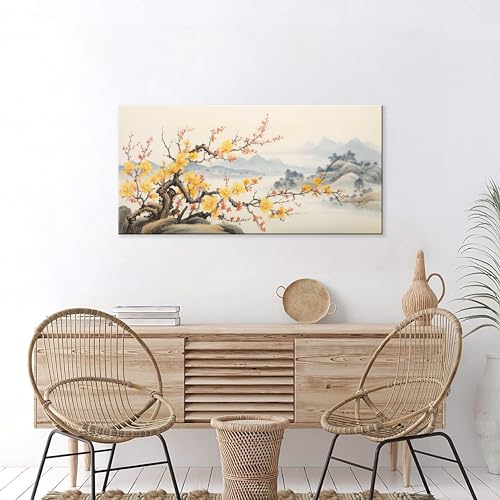 NAN Wind Asian Wall Art Traditional Chinese Painting Decor Oriental Yellow Plum Blossom Canvas Pictures for Wall Decor Home decor for Living Room Cherry Blossom Landscape Artwork Framed Ready to Hang - color: Yellow-One Piece, size: 16"L x 8"W