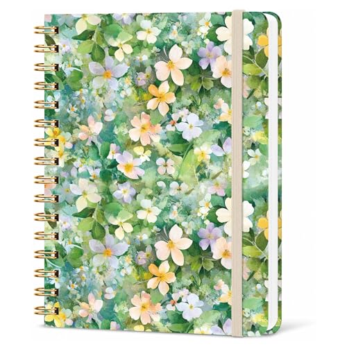 Green Floral Lined Spiral Notebook, Pretty Hardcover Journal 6'' x 8.4'', Watercolor Notebook for Women, Work, Writing, Journaling Gift - color: floral-03