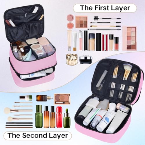 Double Layer Makeup Bag with Adjustable Dividers, Pink - color: Pink