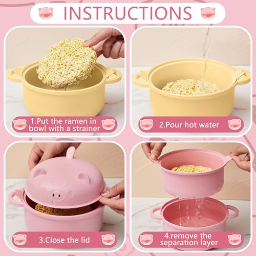 2 Sets Large 45oz Cute Pig Ramen Bowl Set Microwavable Pink, Yellow - color: Pink,Yellow
