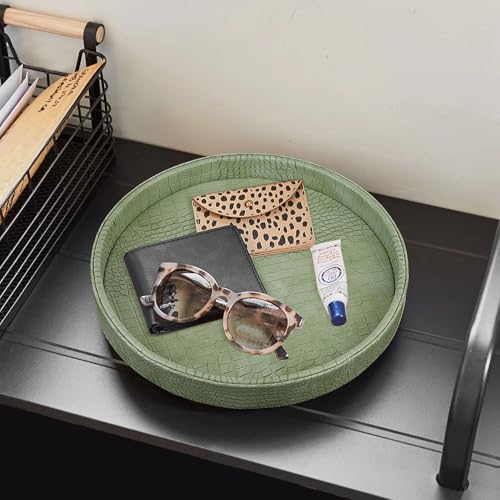HofferRuffer Faux Leather Round Serving Tray, Vegan Croco Leather Decorative Food Tray for Storage Drinks, Snack & Cosmetics, Dia.12'' x 1.6'' (Light Green) - color: Light Green, size: 12"