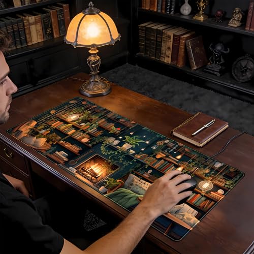 Large Mouse Pad Cozy Library, Extended Full Desk Mouse Mat Gaming Desktop Pad, Computer Keyboard Mat XXL, Vintage Office Decor Desk Laptop Cover Mat Big, Aesthetic Desk Accessories 31.5x15.7 Inch - color: Boho & Fireplace