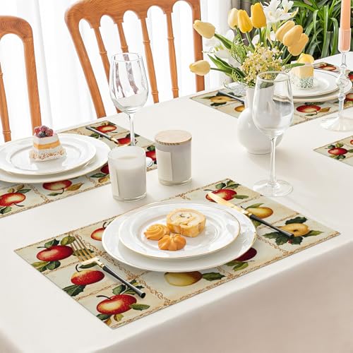 Apple Pear Placemats Set of 6, Retro Fruit Place Mats, Fruits Waterproof Washable Table Mats for Home Party Indoor Kitchen Dining Table Decoration 12x18 Inch - color: Apple Pear, size: Set of 6