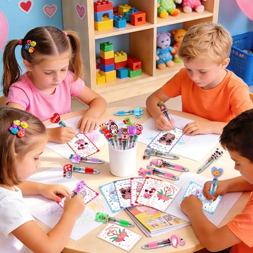 50 Pack Valentines Day 4-in-1 Multicolor Cute Animal Pens with Valentines Cards Bags Retractable Fun Ballpoint Pens Bulk for Classroom Prize Office School Gift Exchange - color: Valentines Multicolor