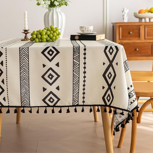 Handblock Print Tablecloth for Square Tables, Black Geometry Table Cover with Fringed Edges, Decorative Tablecloth for Kitchen and Dining Room,59"x 70" - color: Geometry, size: 70" x 59" (Rectangular)