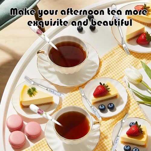 14Pcs Stainless Steel Spoons and Forks, IEMIEBSHA Floral Coffee Dessert Ice Cream Spoons with Ceramics Handle, Small Tableware Set Kitchen Set for Tea Party Coffee Bar Home Supplies