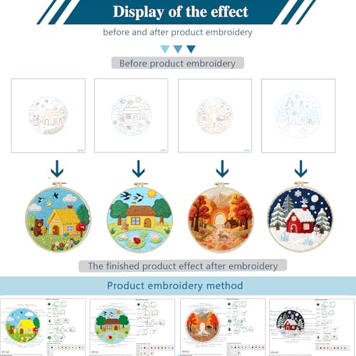 Zhenqing Four Seasons Embroidery Kit for Beginners, 4-Piece Spring Summer Fall Winter Landscape Needlework Set with Pre-Printed Fabric, Hoop & Threads (C0182) - color: Four Seasons