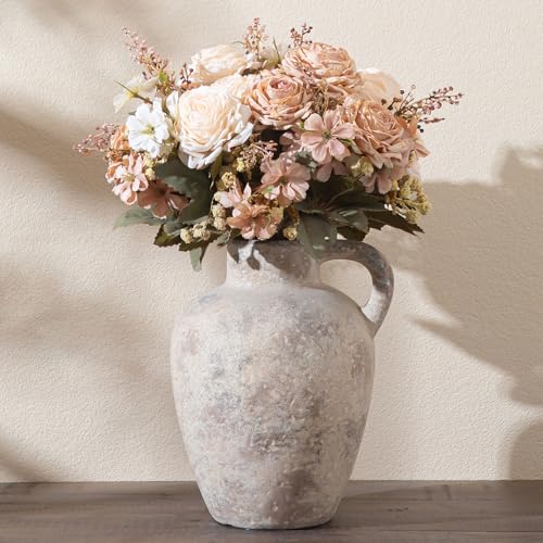 Enra Rustic Terracotta Vase with Handle, Textured Ceramic Home Decor - color: Farmhouse-8.85in-3