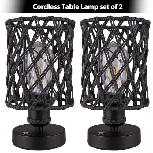 Cordless Outdoor Table Lamps, Small Rattan Boho, Rechargeable Battery Operated for Outdoor Patio, Home, Living Room, Bedroom, Bedside - Set of 2 (Black-A) - color: Black-A