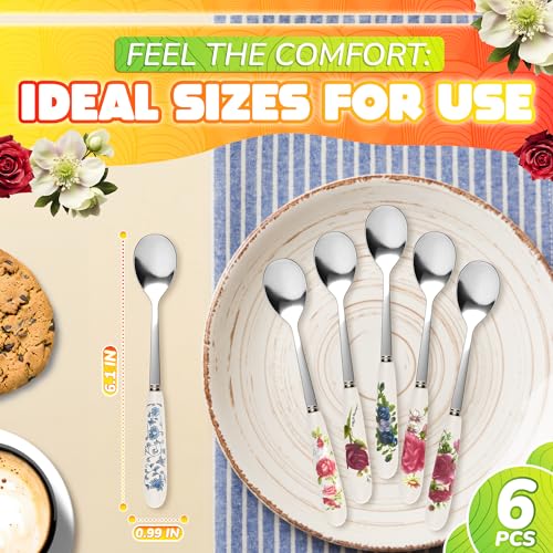 6 Pcs Coffee Spoons Set, 6.1", Floral Ceramic Handle and Stainless Steel - color: 6 Pcs Floral Ceramic Handle Spoons Set