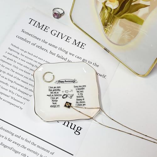 Anniversary Wedding Gift for Women, Jewelry Dish, Happy Anniversary Ceramic Ring Dish, Engagement Wedding Aniversario Gift for Her Wife Girlfriend, Trinket Tray for Earrings Necklaces - style: Happy Anniversary