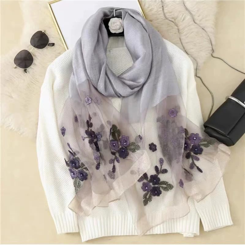 Jeelow Long Silk Blend Embroidered Floral Shawl Scarf Wrap for Women - color: Dusty Grey