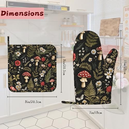 Mushroom Heat-Resistant Silicone Oven Mitts and Pot Holders,Herb Plant Berry Butterfly Long Oven Gloves with Non-Slip Grip for Cooking, Baking, Grilling,BBQ - color: Mushroom Herb Plant Berry Butterfly