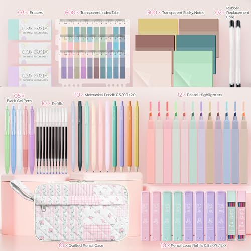 WOBAGMEN 62PCS Aesthetic School Supplies with Quilted Pencil Case, Pastel Highlighters, Gel Pens Mechanical Pencils Set, Cute Back to School Supplies, College Essentials (Pink Floral Patchwork, M) - color: Pink Floral Patchwork