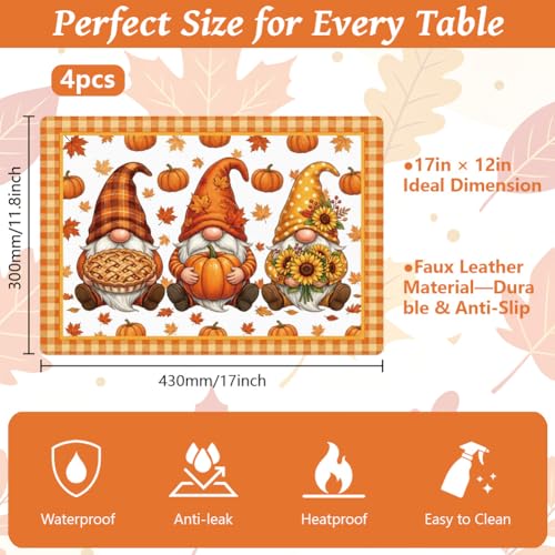 Peacoblue Placemats Set of 4,Faux Leather Fall Gnome Design - style: Fall Gnome