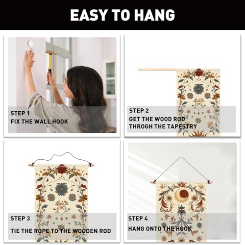 PLIGREAT 2 Pack Sun Moon Wall Hanging Long Narrow Tapestry Aesthetic Wall Tapestry for Bedroom Living Room Bathroom Home Office Decor - color: beige,red