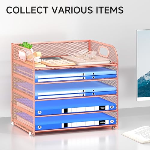 Paper Organizer Letter Tray with Handle Mesh 5 Trays - color: Rose Gold, size: 12.6" x 9.1" x 13.4"