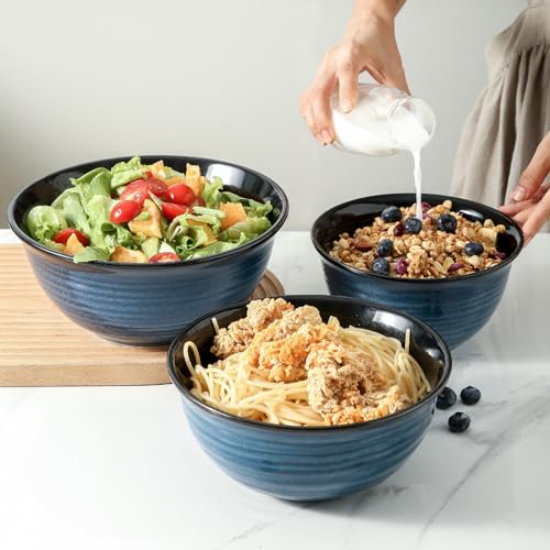 HASENSE Mixing Bowls, Ceramic Serving Bowls Set for Cooking, Baking, Prepping, Large Nesting Bowls for Salads, Fruit, Popcorn, 2.1/1.5/1.0 Qt, Dishwasher & Microwave Safe, Blue - color: Blue, size: 40+65+84 Ounce